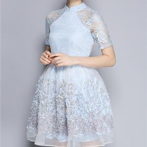 Baby Blue Chiffon 3d Elegant Floral Skater Dress - image 1